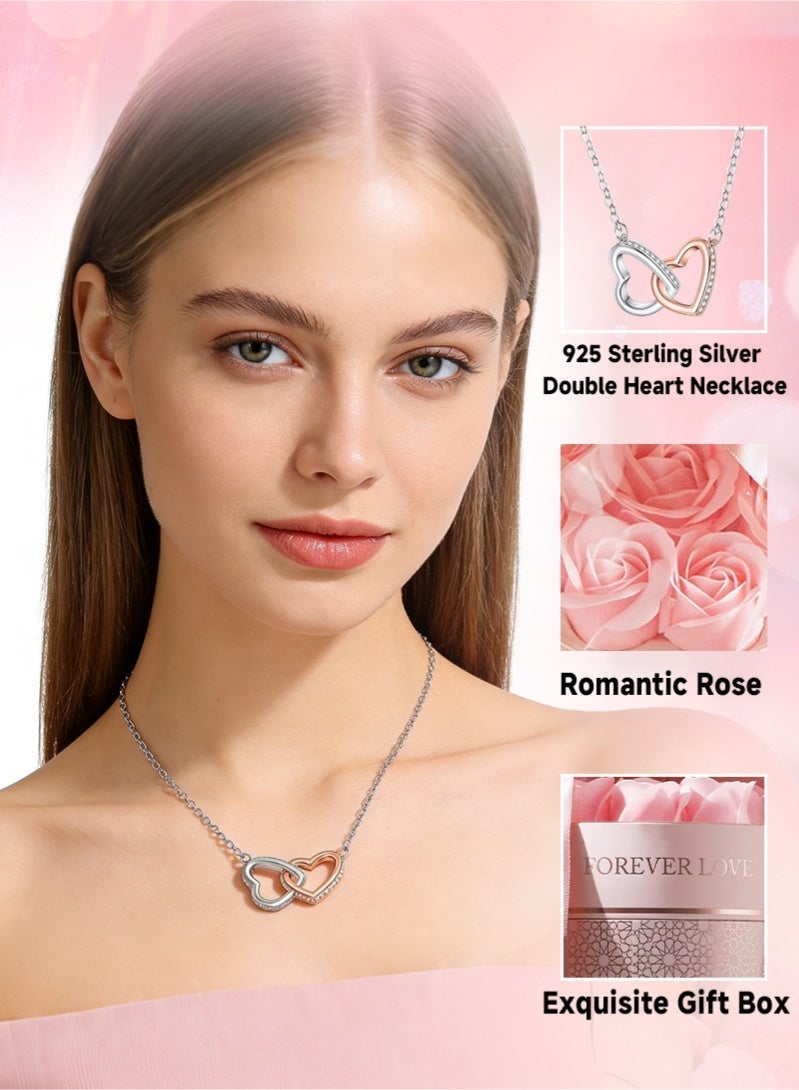 قلادة من الفضة الإسترلينية S925 على شكل قلب مزدوج مع صندوق هدايا مزين بزهور محفوظة، الهدية المثالية لزوجتك أو والدتك في ذكرى الزواج أو عيد الأم أو أعياد الميلاد. - Image 4